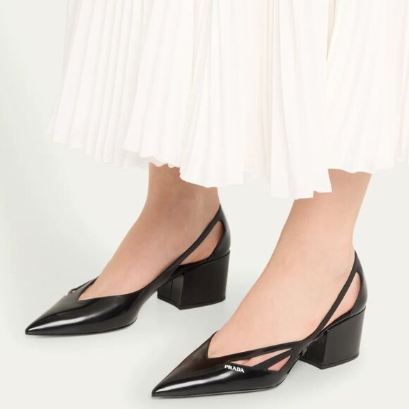 PRADA Runway Pointed Toe Cutout Cut Out Block Heel Brushed Leather Pumps - Picture 3 of 16